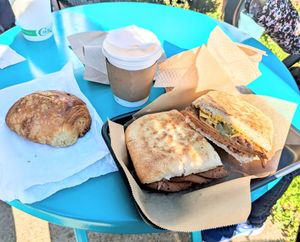 Chocolate croissant, hot chocolate,  the 305 sandwich (it's like a cuban) at Brewing Good Coffee Company in Savage