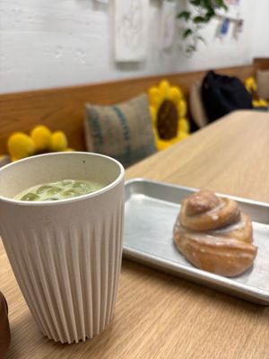 Matcha cold latte and bun at Brewing Good Coffee Company in Savage
