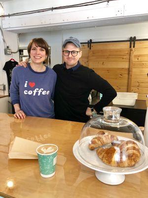 Karla and Justin (and vegan croissants!) at Brewing Good Coffee Company in Savage