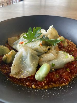 Cashew & spinach tortelini. at Bar Deco - Belgian Beer & Wine Garden in Yandina