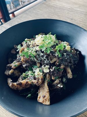 Mushroom ragout with in-house pasta and vegan parmesan cheese. at Bar Deco - Belgian Beer & Wine Garden in Yandina