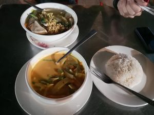 Khmer curry. Veggies are not amazing but the curry sauce really good and it's served with rice. Noodle soup with vegetables and tofu really good. at Khmer Food Café - Food Stall in Kampot