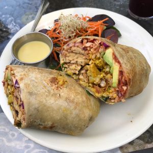 All day breakfast burrito with added tempeh at Bliss Cafe in San Luis Obispo