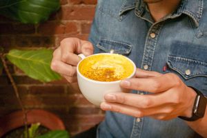 Golden milk turmeric latte with fresh almond milk at Bliss Cafe in San Luis Obispo