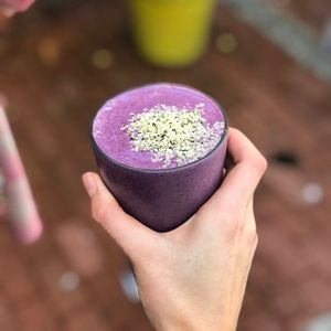 The Açai Blueberry Chia smoothie: bananas, blueberries, a date, hemp seeds, chia seeds, açai powder blended with house made almond, soy or rice milk. at Bliss Cafe in San Luis Obispo