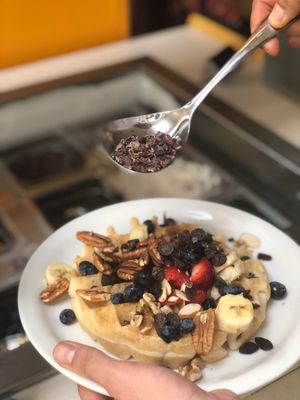 Vegan + Gluten free waffle bar with vegan toppings! at Bliss Cafe in San Luis Obispo