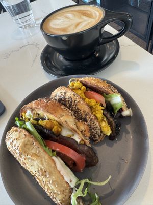 Vegan bagel sandwich, tofu, not Just Egg but really good  at Public Espresso + Coffee in Buffalo