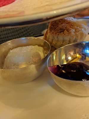 Vegan scone , jam and coconut clotted cream at The Georgian Tearoom The Dome in Edinburgh