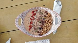 Smoothie bowl, with granola, seeds, raisins goji - freaking awesome! at Island Sisters in Weligama