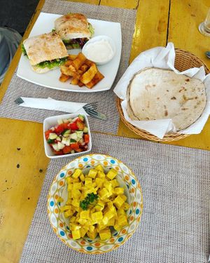 Scrambled tofu and mushroom burger  at Island Sisters in Weligama