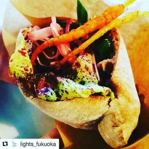 Shiitake mashroom burger in hand made soure dough pita bread with organic local vege and Rikard chef's original sauce. Is Suuuper good!!! at LIGHTS Vegan Team in Fukuoka