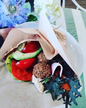 Falafel wrap with seasonal vegetable this time the wrap was 100% whole wheat handmade!  at LIGHTS Vegan Team in Fukuoka