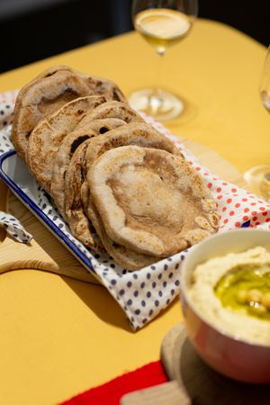 Whole wheat sour dough bread with freshly hand made hummus.  at LIGHTS Vegan Team in Fukuoka