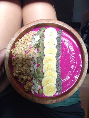 Red dragon fruit smoothie bowl. at Palm Sugar Cafe in Banyuwangi