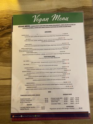 Marinades vegan menu  at Marinades Indian Cuisine in Cairns