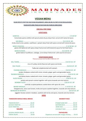 VEGAN MENU  at Marinades Indian Cuisine in Cairns