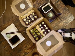 Delicious! The mushroom, sweet potato and green (something 🤣🤣🤣) signature rolls 😋😋😋 at Vegan Sushi Bar - Kinkerstraat in Amsterdam