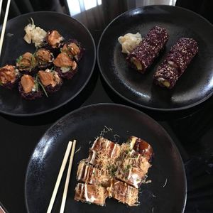 No chicken Teriyaki, Flambé salmon and the Cheesy tuna at Vegan Sushi Bar - Kinkerstraat in Amsterdam