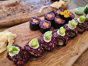 Salmon Sushi and Mighty Mushroom at Vegan Sushi Bar - Kinkerstraat in Amsterdam