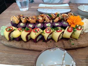 Front row: Tropical spicy mango
Middle row: Cucumber and avocado maki
Back row: Shrimp-less tempura crunch at Vegan Sushi Bar - Kinkerstraat in Amsterdam