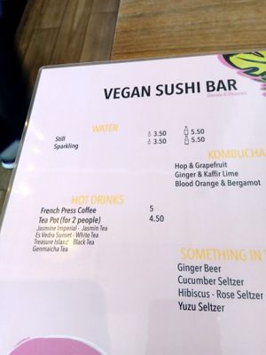Water and hot drinks menu at Vegan Sushi Bar - Kinkerstraat in Amsterdam