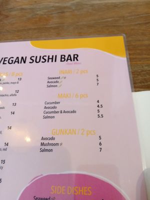 Inari, maki and gunkan menu at Vegan Sushi Bar - Kinkerstraat in Amsterdam