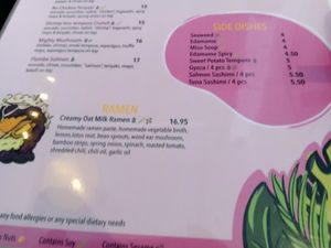 Side dishes and ramen menu at Vegan Sushi Bar - Kinkerstraat in Amsterdam