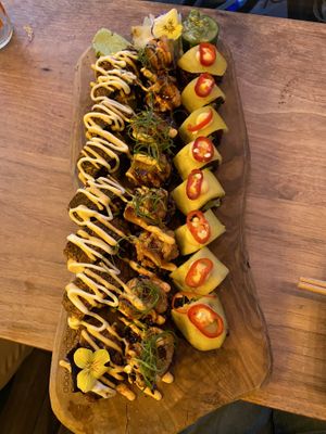 Crunchy California Dream / No Chicken Teriyaki / Tropical Spicy Mango  at Vegan Sushi Bar - Kinkerstraat in Amsterdam