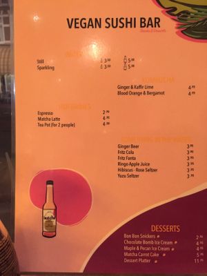 The drinks menu as of late Oct 2022 at Vegan Sushi Bar - Kinkerstraat in Amsterdam