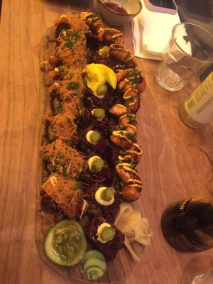 The sushi's , salmon, seaweed and avocado ( I think!) at Vegan Sushi Bar - Kinkerstraat in Amsterdam