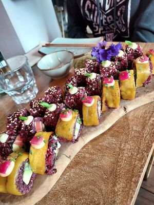 Salmon, tuna and plantain rolls at Vegan Sushi Bar - Kinkerstraat in Amsterdam