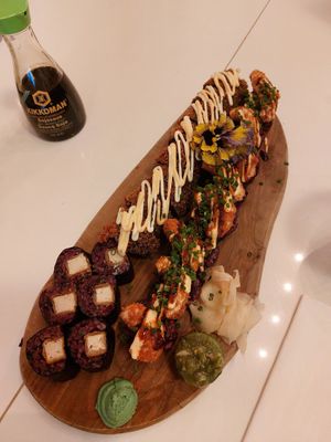 Miso tofu maki, crispy california & ebi tempura at Vegan Sushi Bar - Kinkerstraat in Amsterdam