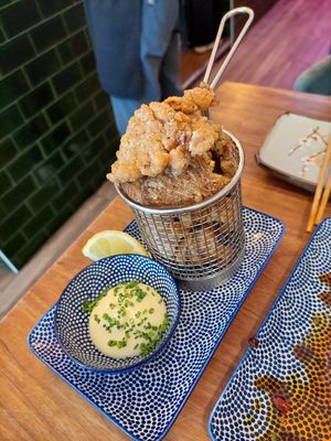 Crunchy Wings (6.95€), super tasty (thought it would be cauliflower, but I guess it's some sort of mushroom) at Vegan Sushi Bar - Kinkerstraat in Amsterdam