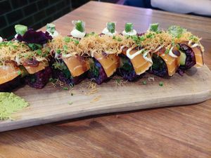 Flambé Salmon Roll (17.95€, 8 pieces in the front row); nice taste, especially liked the kataifi on top at Vegan Sushi Bar - Kinkerstraat in Amsterdam