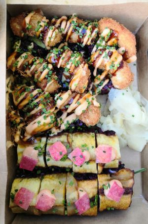 "Shrimp", and plantain at Vegan Sushi Bar - Kinkerstraat in Amsterdam