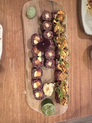 Tofu; avocado-salmon; crispy chicken sushi  at Vegan Sushi Bar - Kinkerstraat in Amsterdam