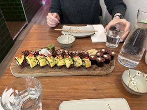 Spicy mango, salmon avocado and maki miso glazed tofu   at Vegan Sushi Bar - Kinkerstraat in Amsterdam