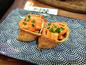 Nigiri with 'salmon' at Vegan Sushi Bar - Kinkerstraat in Amsterdam