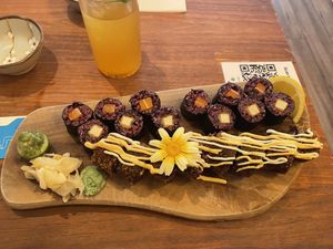  Crunchy California Dream,  Glazed tofu roll, and Salmon roll. at Vegan Sushi Bar - Kinkerstraat in Amsterdam