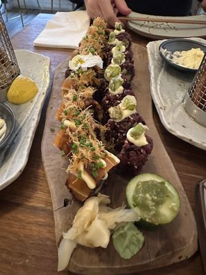 Mighty mushroom & flambé salmon  at Vegan Sushi Bar - Kinkerstraat in Amsterdam