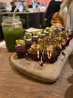 Matcha Lemonade, Special “Chicken” and Mushroom Roll, Avocado & Salmon Maki   at Vegan Sushi Bar - Kinkerstraat in Amsterdam