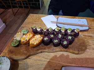 Mighty Mushroom Signature rolls, Cucumber Maki and Sweet Tofu Corn Inari at Vegan Sushi Bar - Kinkerstraat in Amsterdam
