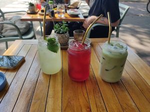 two lemonades (yuzu, hibiscus) and cold matcha latte! at Vegan Sushi Bar - Kinkerstraat in Amsterdam