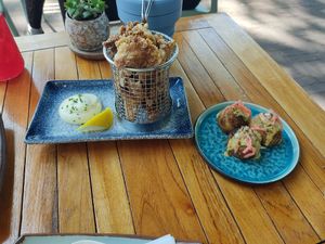 crunchy wings (even my husband loved it, and he normally hates mushrooms) and takoyaki balls at Vegan Sushi Bar - Kinkerstraat in Amsterdam