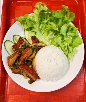 Stir-fried pickle mustard green with vegan duck at Loving Hut in Bankstown