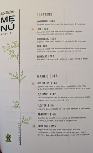 Menu at Avocadisimo in Gran Canaria