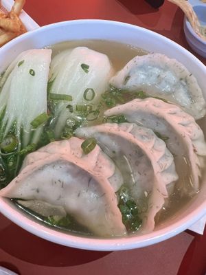 Vegan dumpling noodle soup, with wide rice noodle and house vegan dumpling  at Journey To The Dumpling in Elk Grove