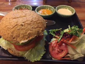 Veggie burger (100 baht) with avocado (20 baht) at Juicy4U in Chiang Mai