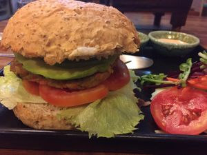 Veggie burger (100 baht) with avocado (20 baht) at Juicy4U in Chiang Mai