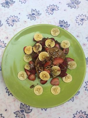 Pancakes with homemade cardamom almond butter at La Casa de Gya in Oaxaca